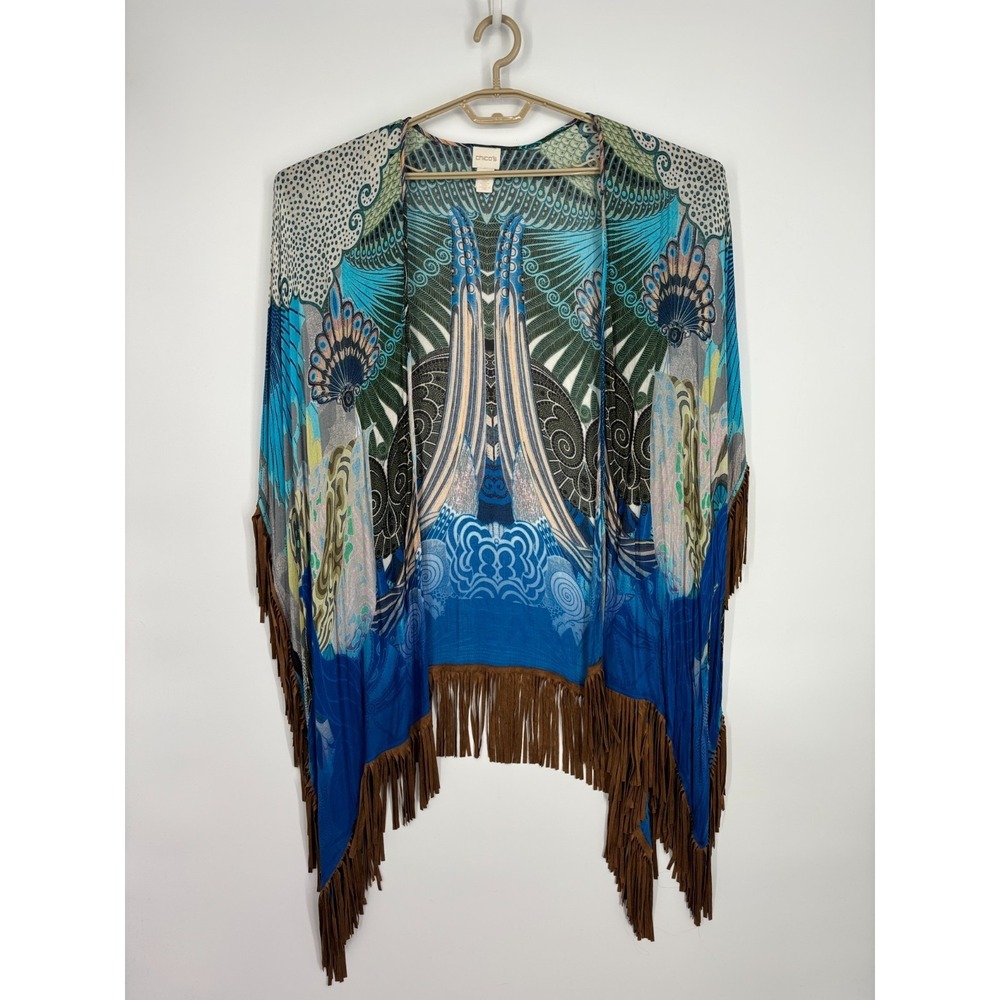 Chicos Ruana Wrap Scarf Blue Imperial Peacock Fringe Trim Shawl Western One Size